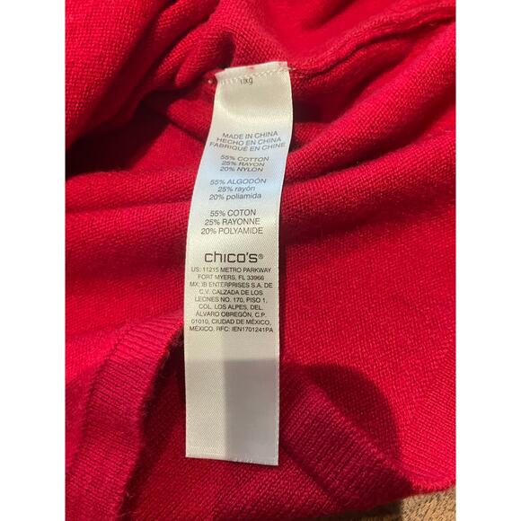 Chico’s Size 1 Red Long Sleeve Cotton Blend Top Black Piping Trim Neck & Sleeves - Picture 5 of 7